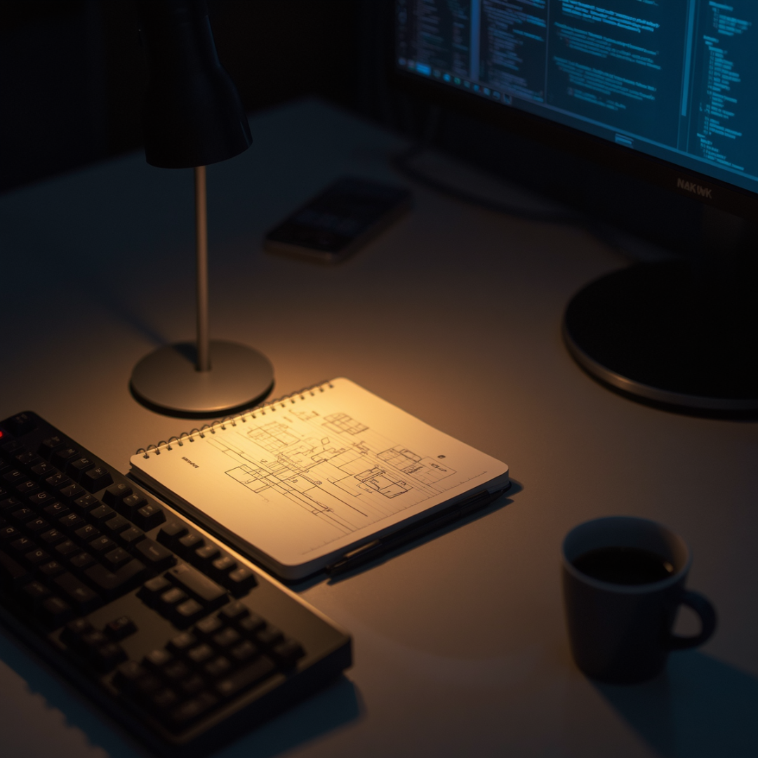 Desk at night — keyboard, notebook with system sketches, monitor with code